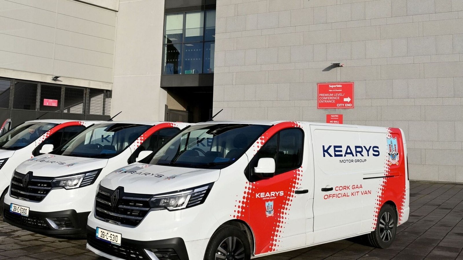 Kearys-branded Renault Trafic kit vans at Páirc Uí Chaoimh, Cork